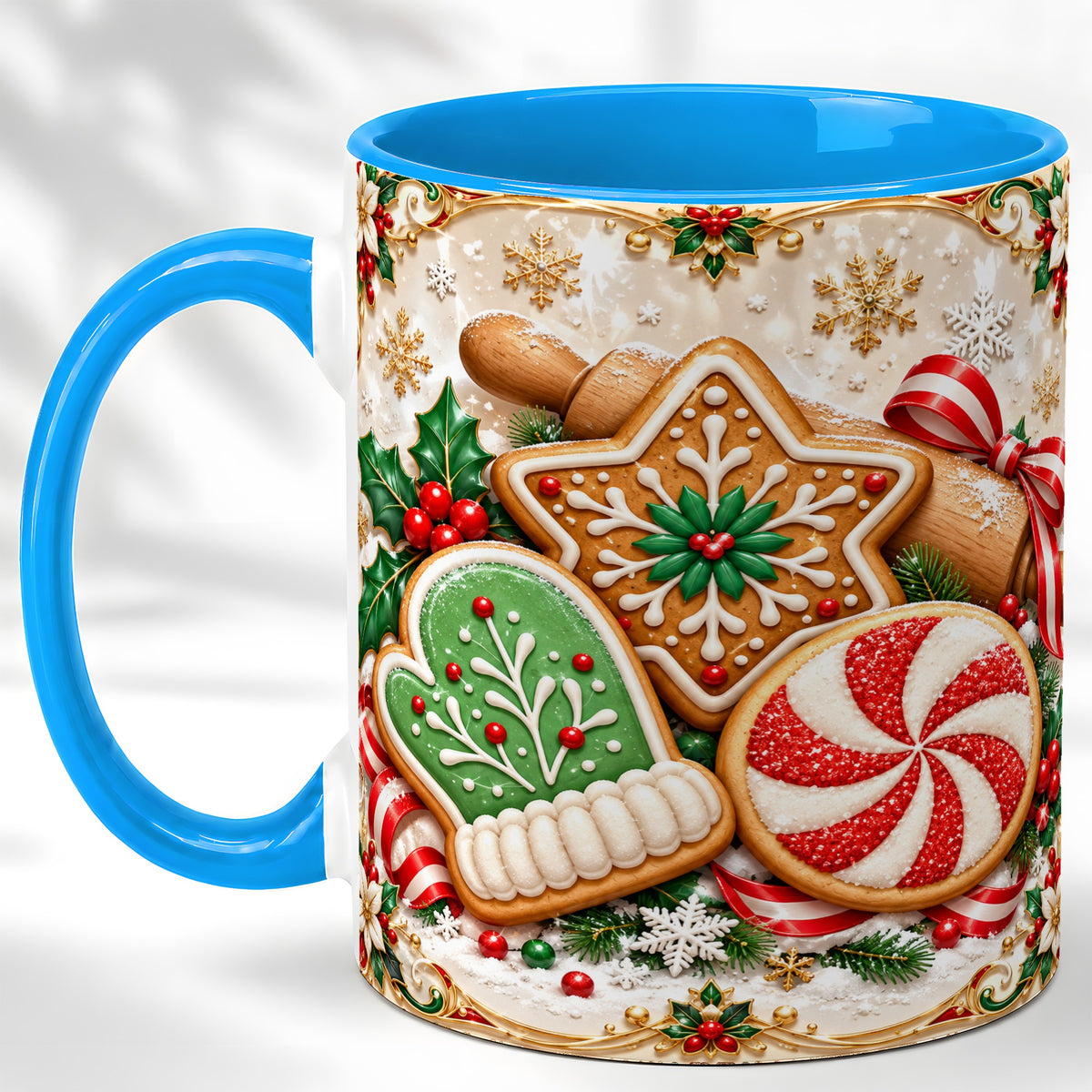 #pl[11oz|Blue] Christmas Cookie Coffee Mug, Gingerbread Treat Mug, Ceramic Cup