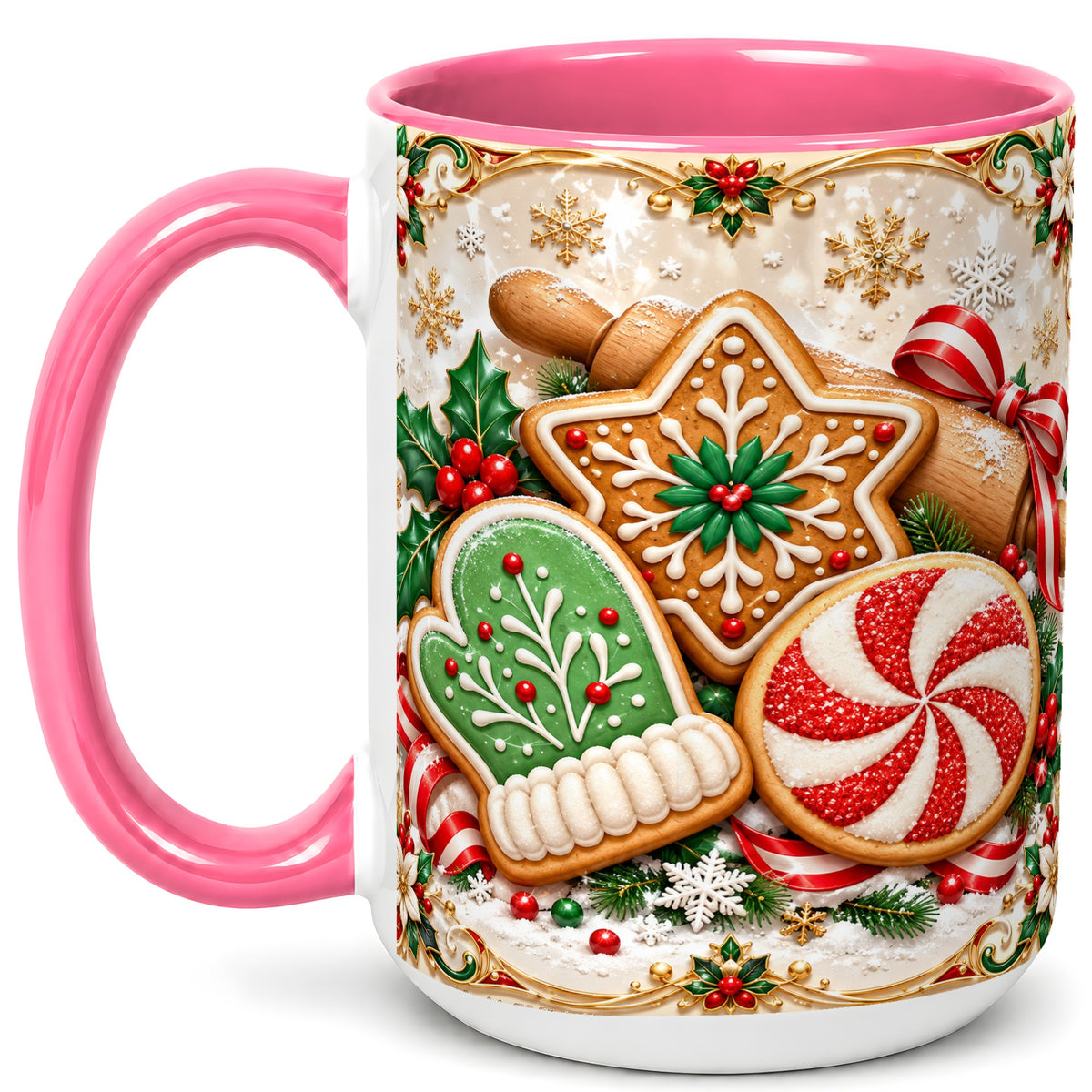 #pl[15oz|Pink] Christmas Cookie Coffee Mug, Gingerbread Treat Mug, Ceramic Cup
