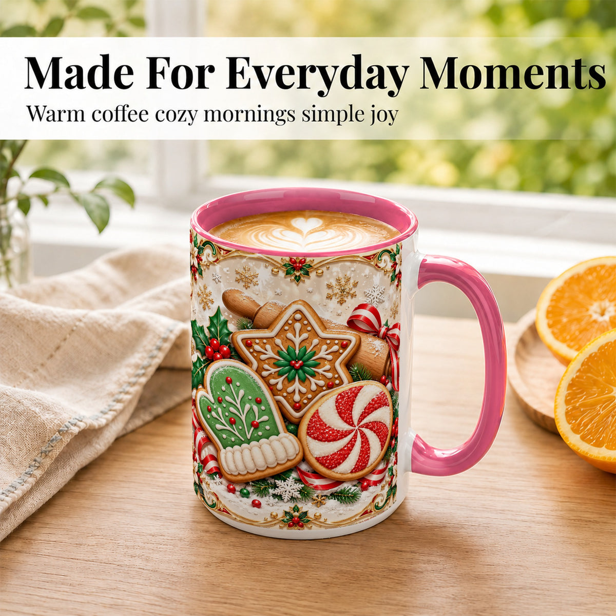#pl[15oz|Pink] Christmas Cookie Coffee Mug, Gingerbread Treat Mug, Ceramic Cup