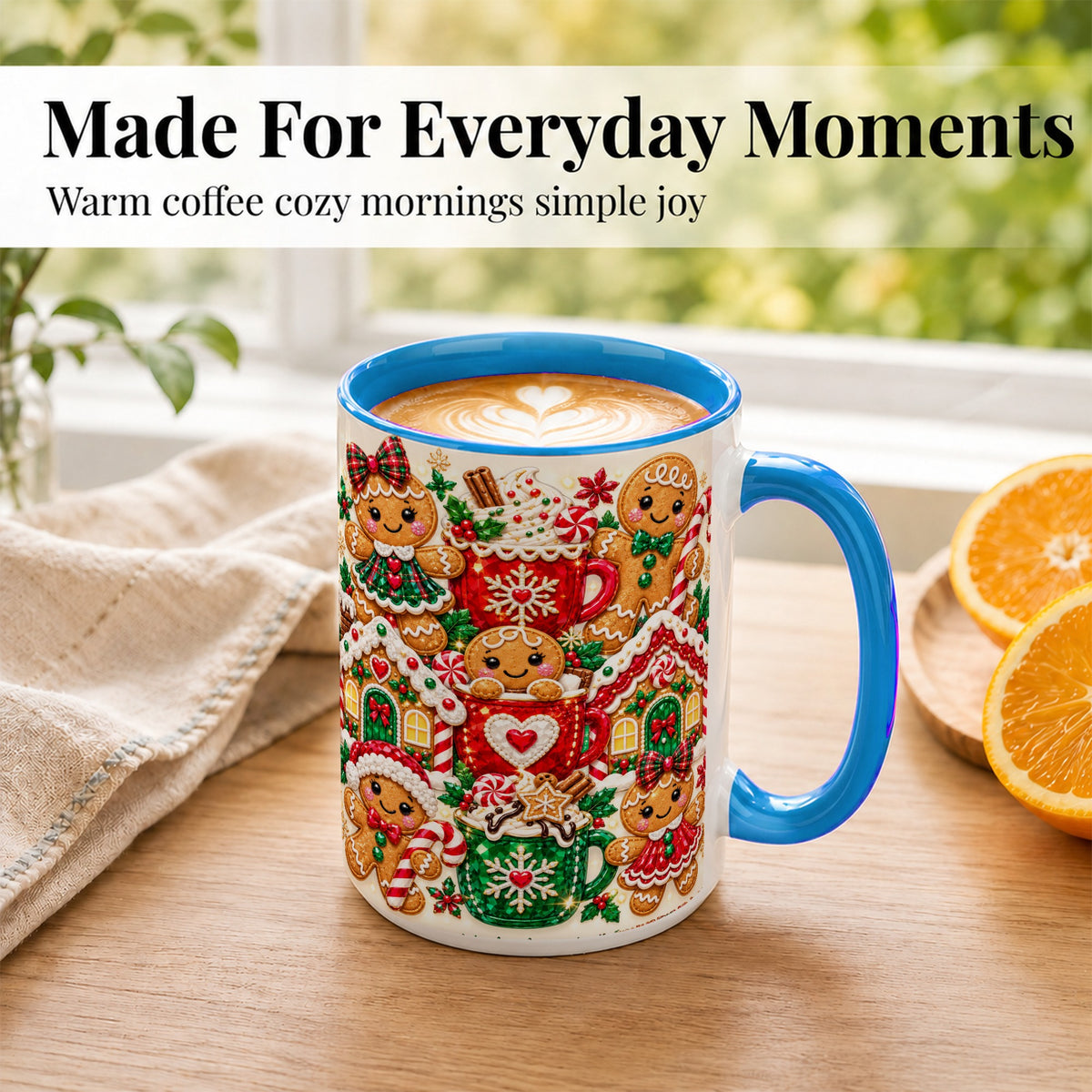 #pl[15oz|Blue] Gingerbread Christmas Coffee Mug, Holiday Mug, Ceramic Cup