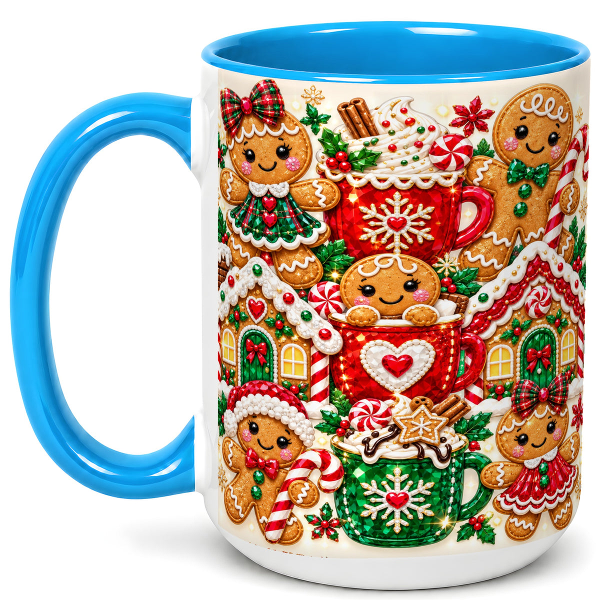 #pl[15oz|Blue] Gingerbread Christmas Coffee Mug, Holiday Mug, Ceramic Cup