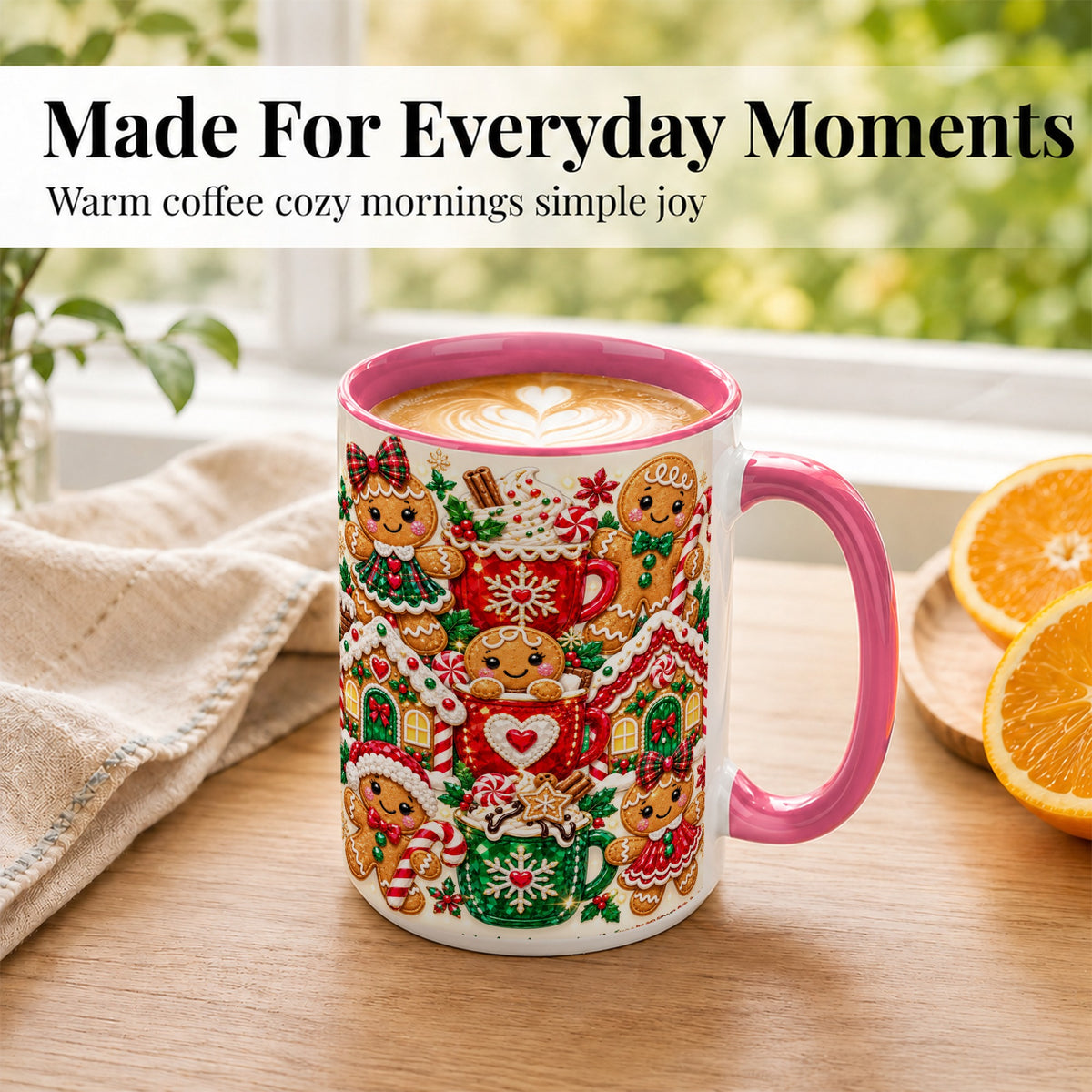 #pl[15oz|Pink] Gingerbread Christmas Coffee Mug, Holiday Mug, Ceramic Cup