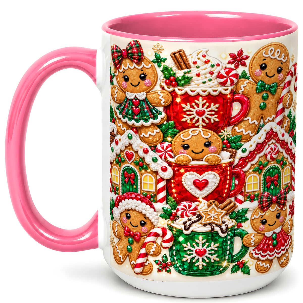 #pl[15oz|Pink] Gingerbread Christmas Coffee Mug, Holiday Mug, Ceramic Cup