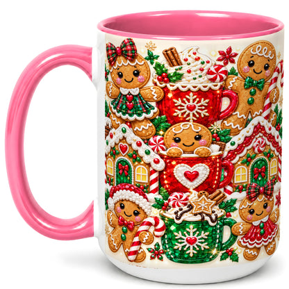 #pl[15oz|Pink] Gingerbread Christmas Coffee Mug, Holiday Mug, Ceramic Cup