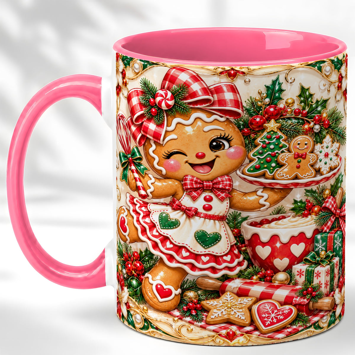 #pl[11oz|Pink] Gingerbread Baker Coffee Mug, Holiday Mug, Ceramic Cup