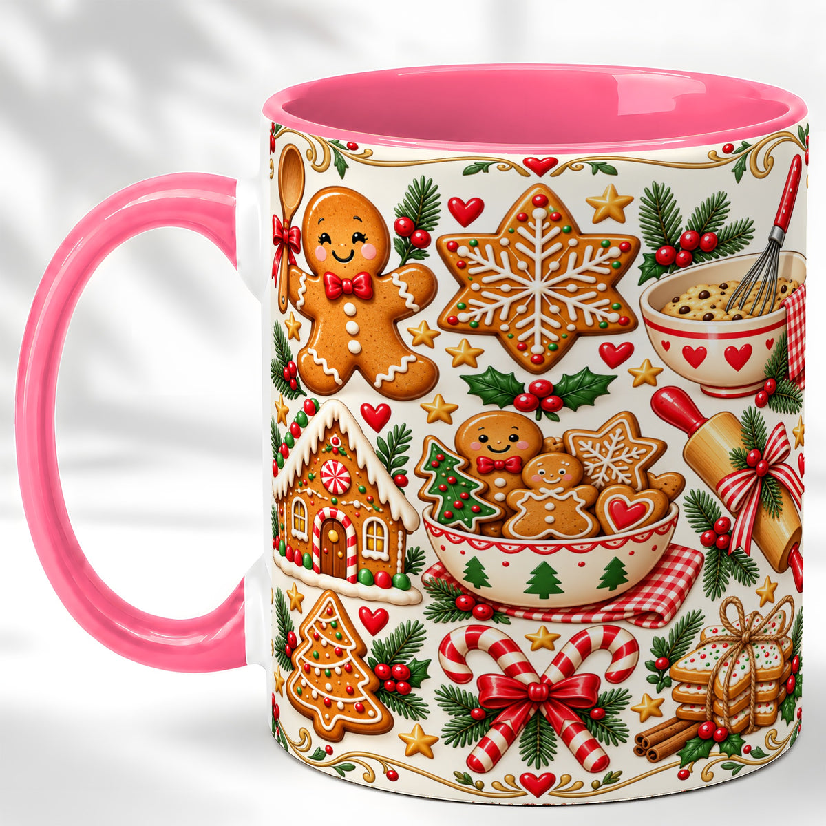 #pl[11oz|Pink] Christmas Baking Coffee Mug, Gingerbread Mug, Ceramic Cup