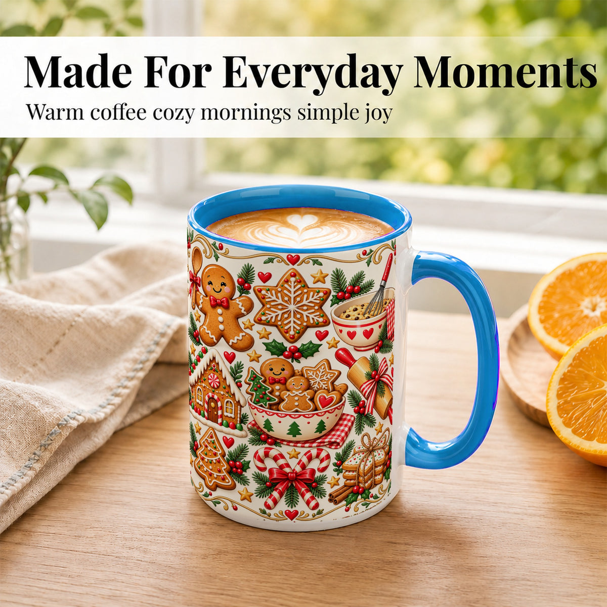 #pl[15oz|Blue] Christmas Baking Coffee Mug, Gingerbread Mug, Ceramic Cup