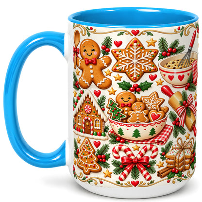 #pl[15oz|Blue] Christmas Baking Coffee Mug, Gingerbread Mug, Ceramic Cup