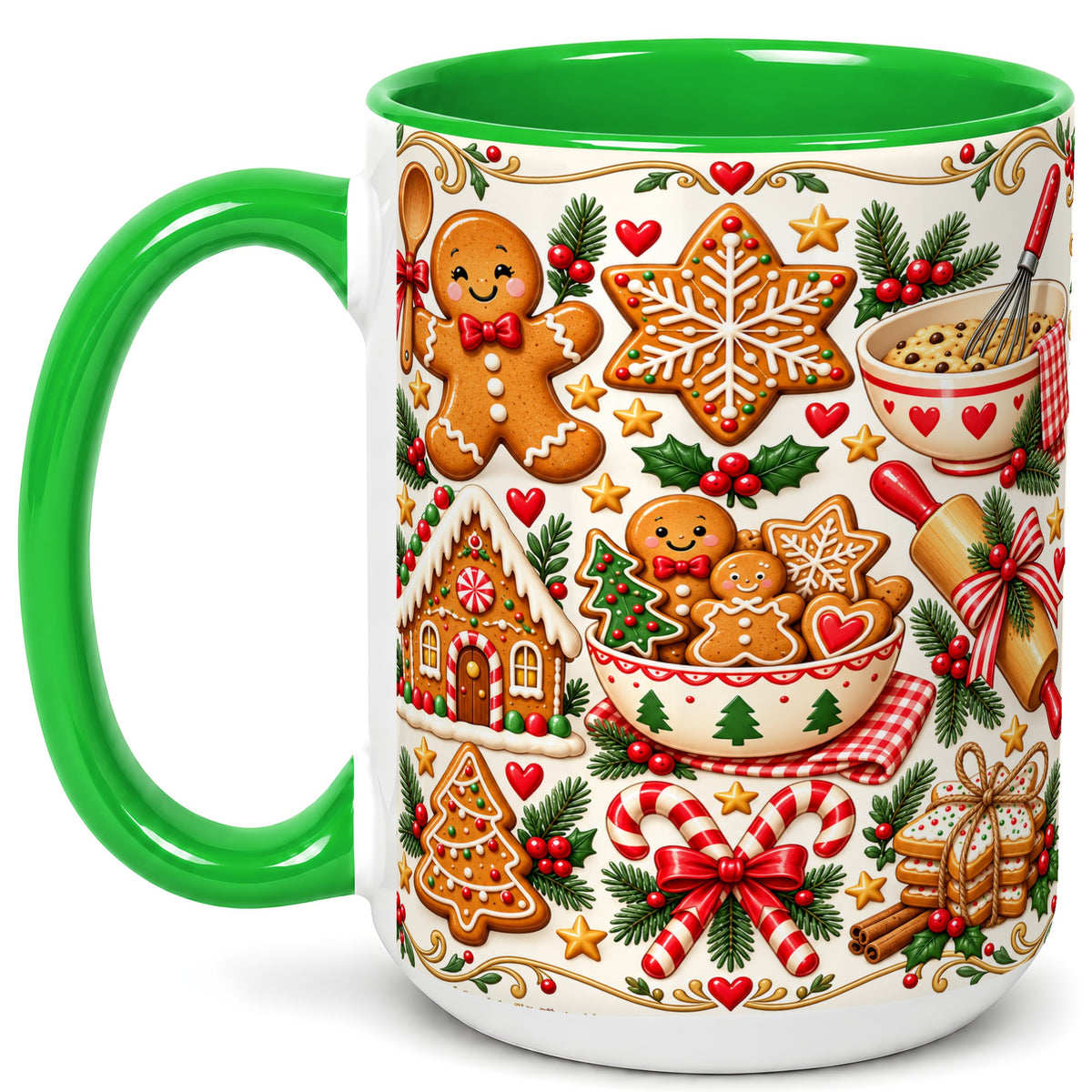 #pl[15oz|Green] Christmas Baking Coffee Mug, Gingerbread Mug, Ceramic Cup