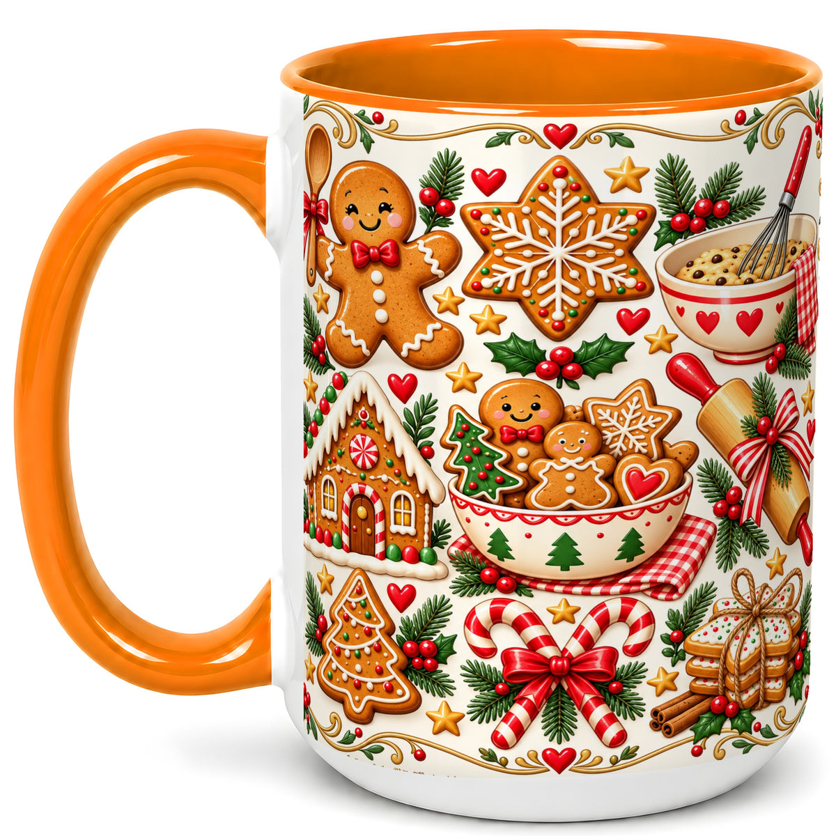 #pl[15oz|Orange] Christmas Baking Coffee Mug, Gingerbread Mug, Ceramic Cup