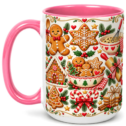 #pl[15oz|Pink] Christmas Baking Coffee Mug, Gingerbread Mug, Ceramic Cup