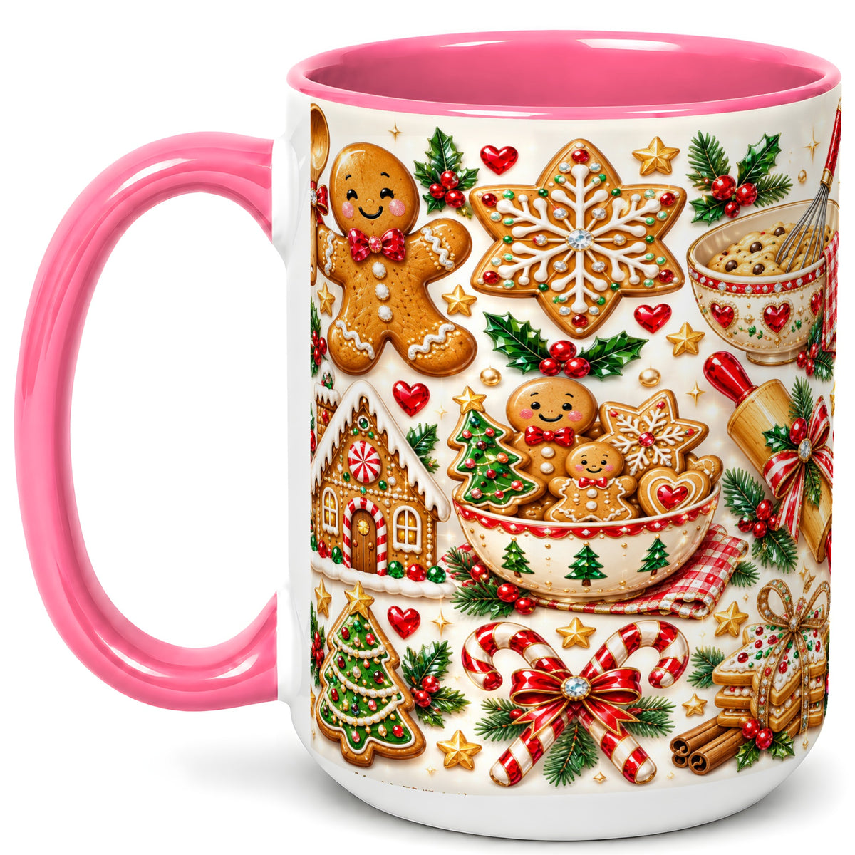 #pl[15oz|Pink] Gingerbread Baking Coffee Mug, Christmas Cookie Mug, Ceramic Cup