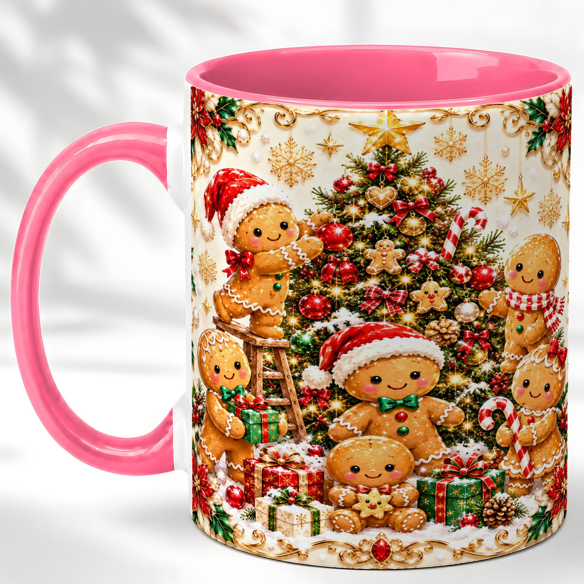 #pl[11oz|Pink] Gingerbread Family Coffee Mug, Christmas Cookie Mug, Ceramic Cup
