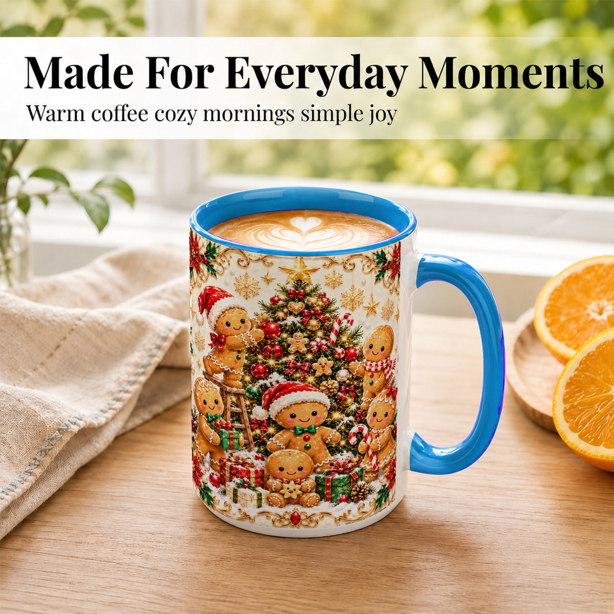 #pl[15oz|Blue] Gingerbread Family Coffee Mug, Christmas Cookie Mug, Ceramic Cup