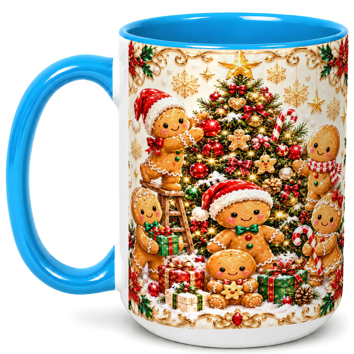 #pl[15oz|Blue] Gingerbread Family Coffee Mug, Christmas Cookie Mug, Ceramic Cup