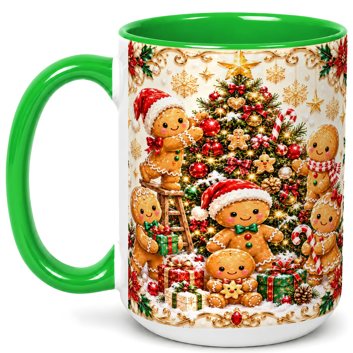 #pl[15oz|Green] Gingerbread Family Coffee Mug, Christmas Cookie Mug, Ceramic Cup