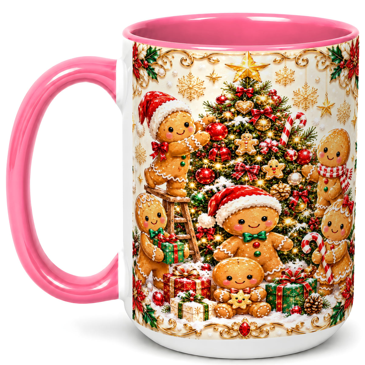 #pl[15oz|Pink] Gingerbread Family Coffee Mug, Christmas Cookie Mug, Ceramic Cup
