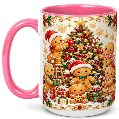 #pl[15oz|Pink] Gingerbread Family Coffee Mug, Christmas Cookie Mug, Ceramic Cup