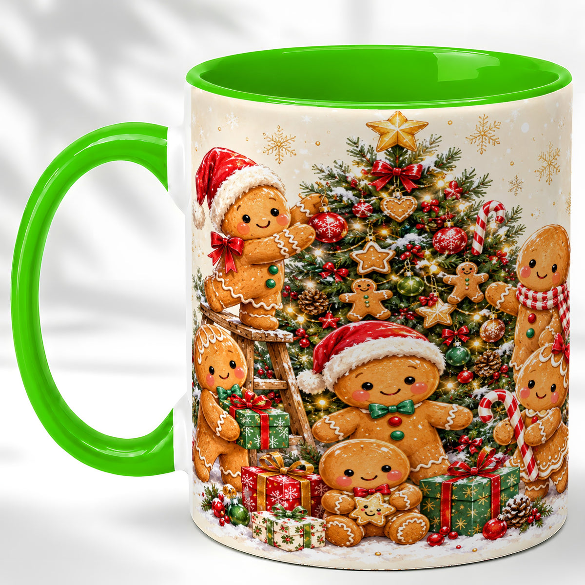 #pl[11oz|Green] Gingerbread Family Coffee Mug, Christmas Tree Mug, Ceramic Cup