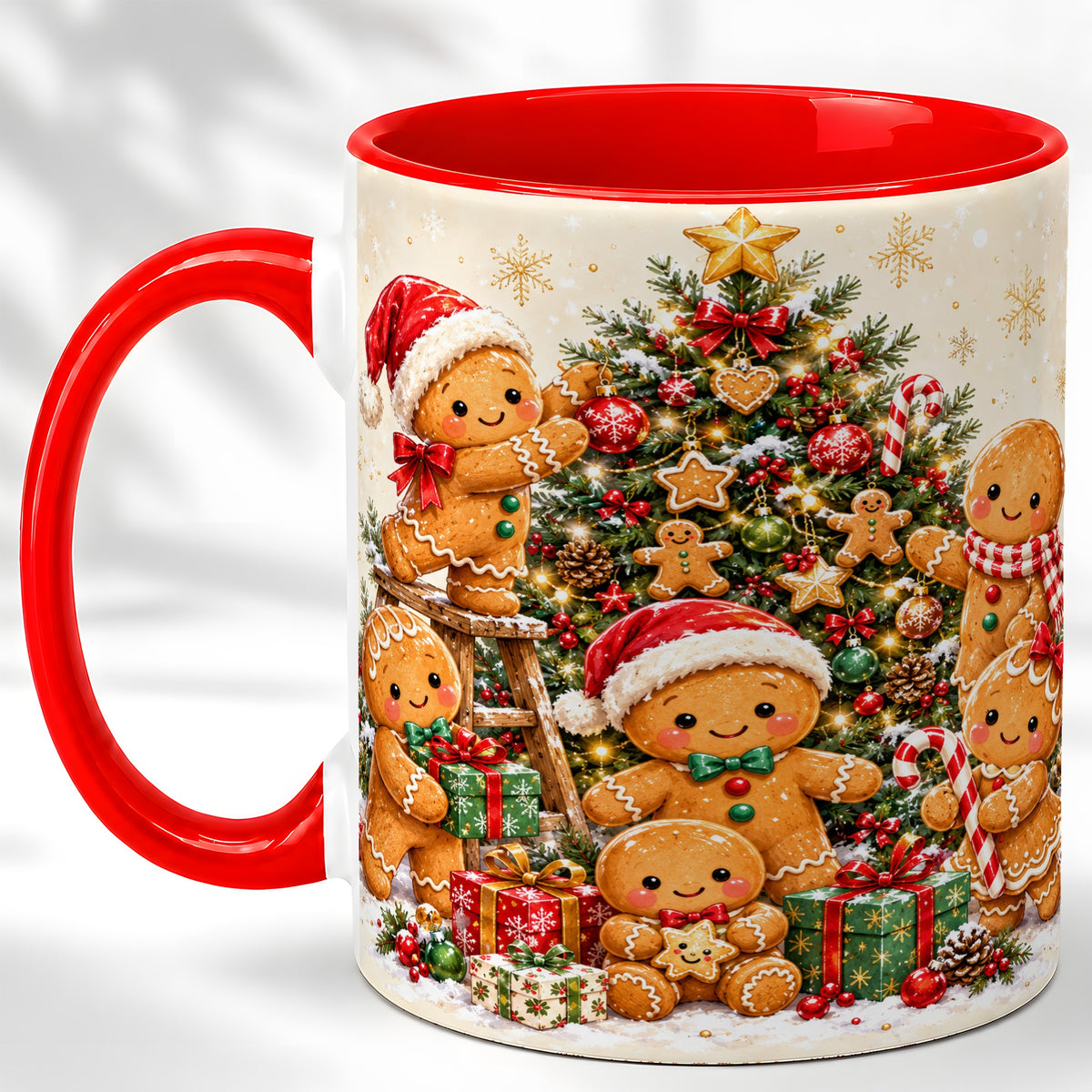 Gingerbread Family Coffee Mug, Christmas Tree Mug, Ceramic Cup