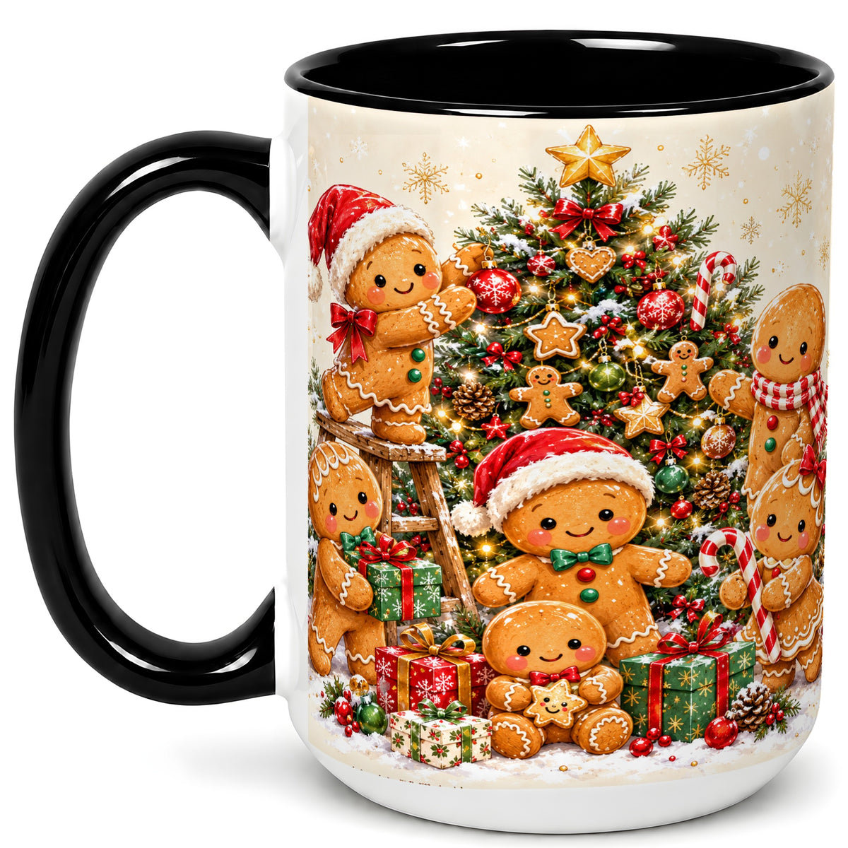 #pl[15oz|Black] Gingerbread Family Coffee Mug, Christmas Tree Mug, Ceramic Cup