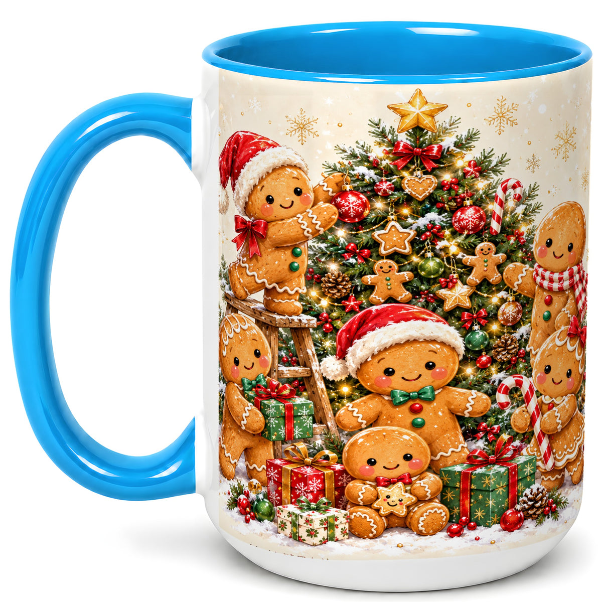 #pl[15oz|Blue] Gingerbread Family Coffee Mug, Christmas Tree Mug, Ceramic Cup