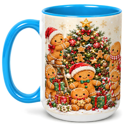 #pl[15oz|Blue] Gingerbread Family Coffee Mug, Christmas Tree Mug, Ceramic Cup