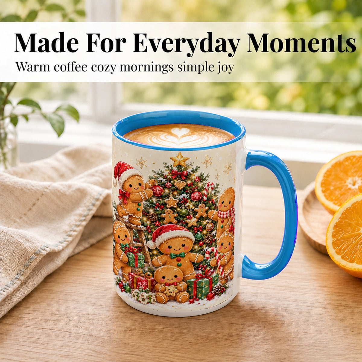 #pl[15oz|Blue] Gingerbread Family Coffee Mug, Christmas Tree Mug, Ceramic Cup