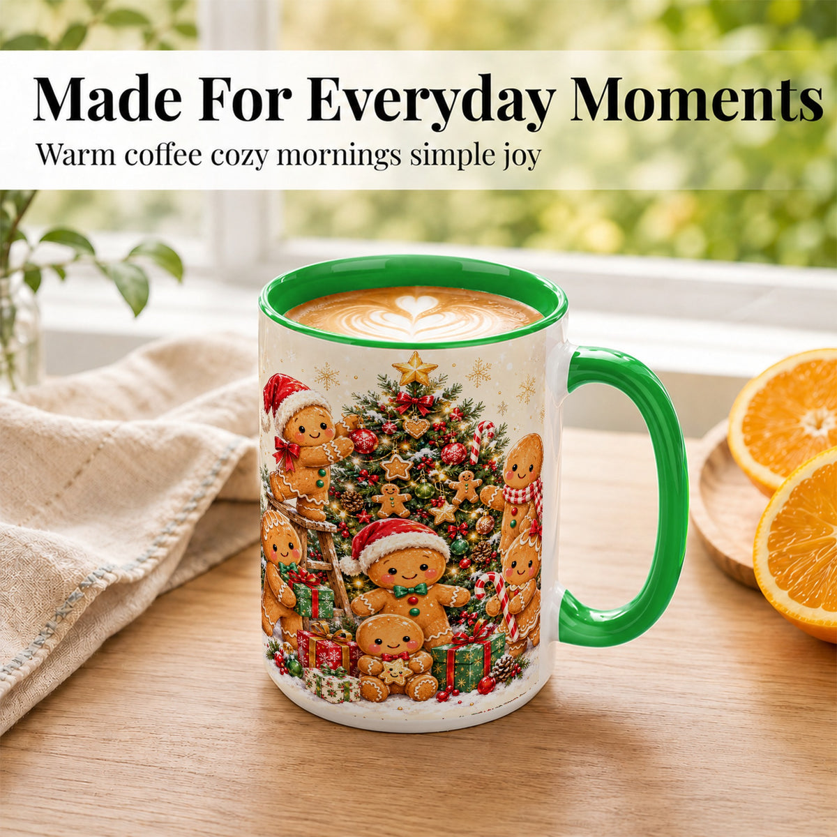 #pl[15oz|Green] Gingerbread Family Coffee Mug, Christmas Tree Mug, Ceramic Cup