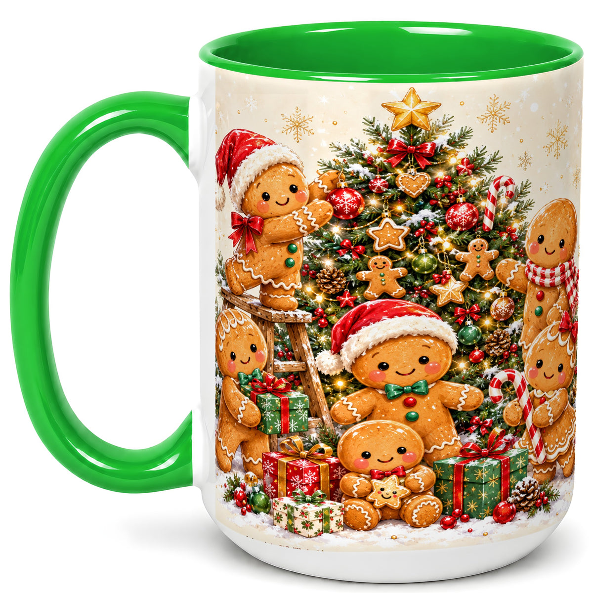 #pl[15oz|Green] Gingerbread Family Coffee Mug, Christmas Tree Mug, Ceramic Cup