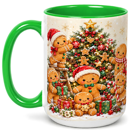#pl[15oz|Green] Gingerbread Family Coffee Mug, Christmas Tree Mug, Ceramic Cup