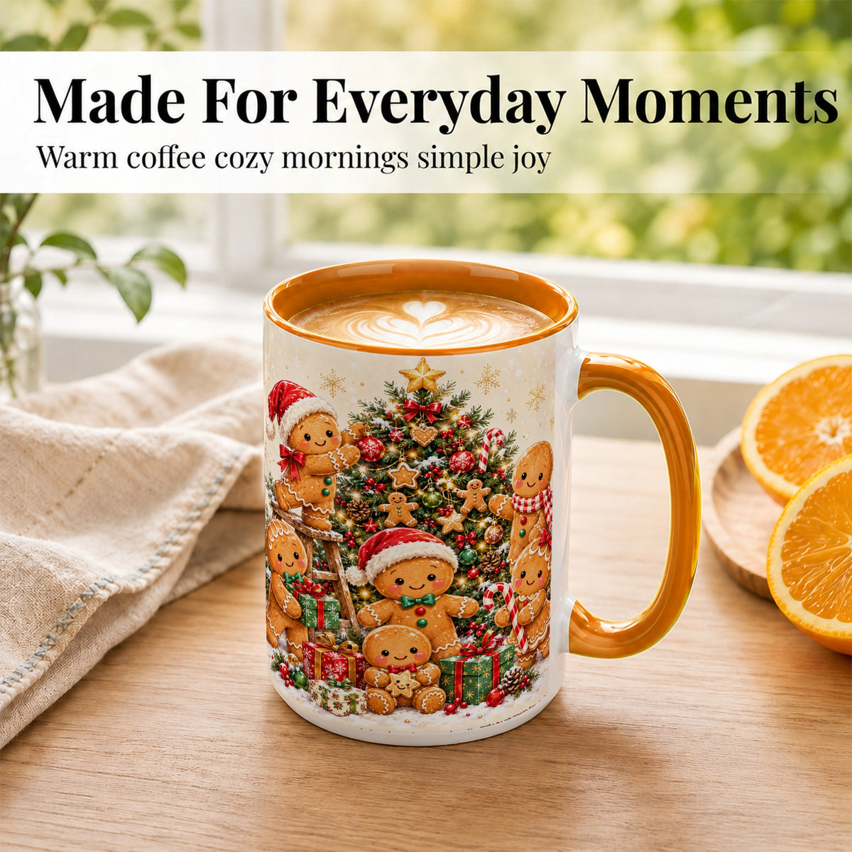 #pl[15oz|Orange] Gingerbread Family Coffee Mug, Christmas Tree Mug, Ceramic Cup