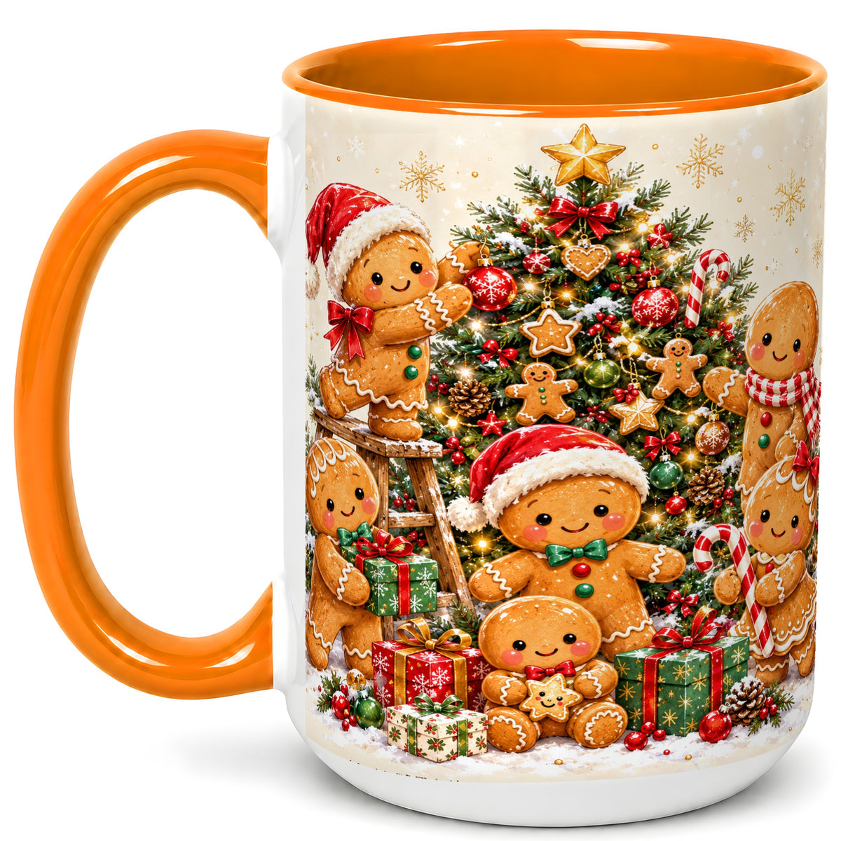 #pl[15oz|Orange] Gingerbread Family Coffee Mug, Christmas Tree Mug, Ceramic Cup