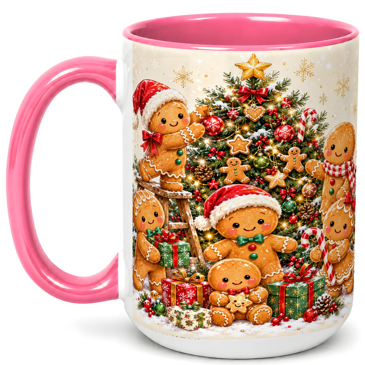 #pl[15oz|Pink] Gingerbread Family Coffee Mug, Christmas Tree Mug, Ceramic Cup