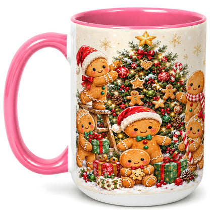 #pl[15oz|Pink] Gingerbread Family Coffee Mug, Christmas Tree Mug, Ceramic Cup