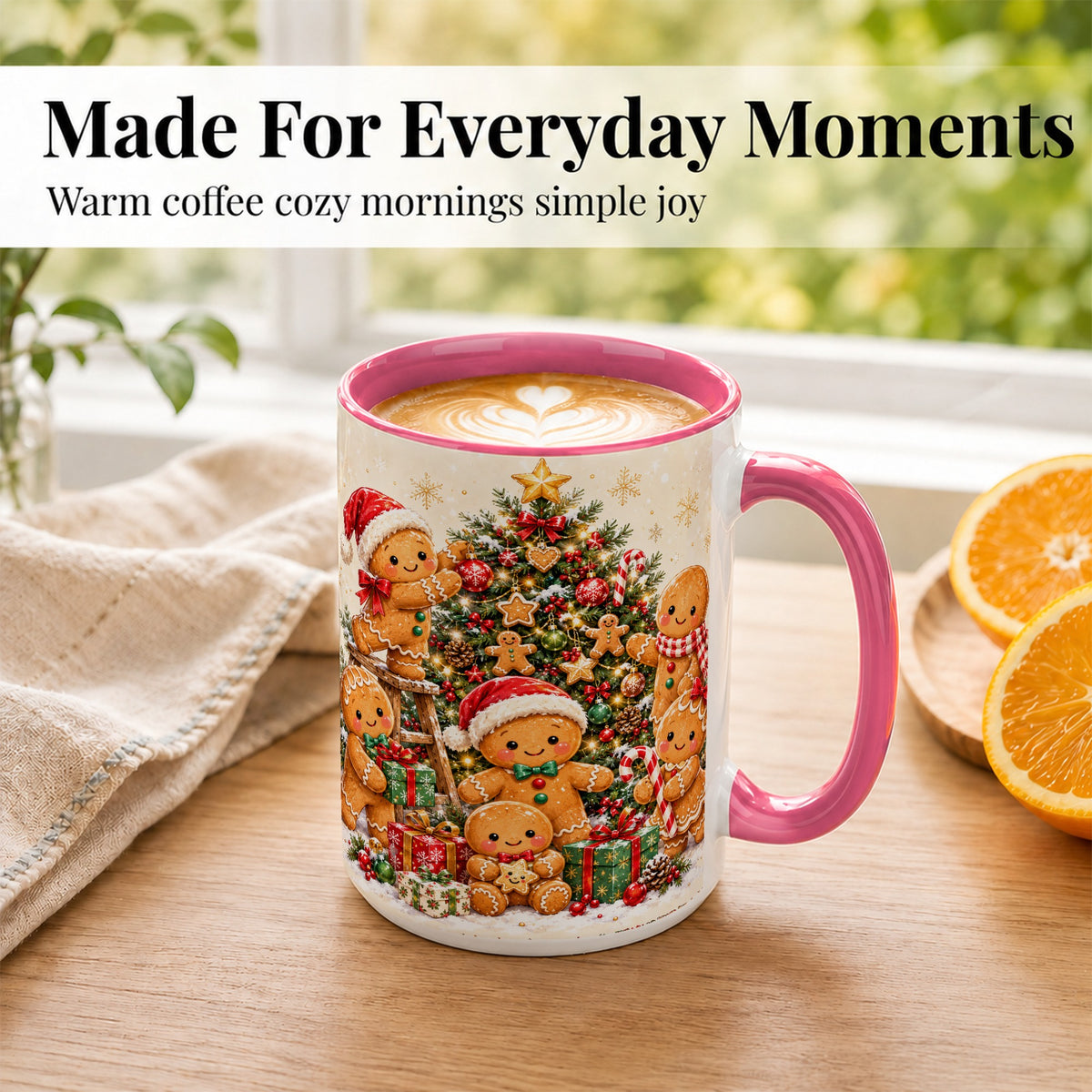#pl[15oz|Pink] Gingerbread Family Coffee Mug, Christmas Tree Mug, Ceramic Cup