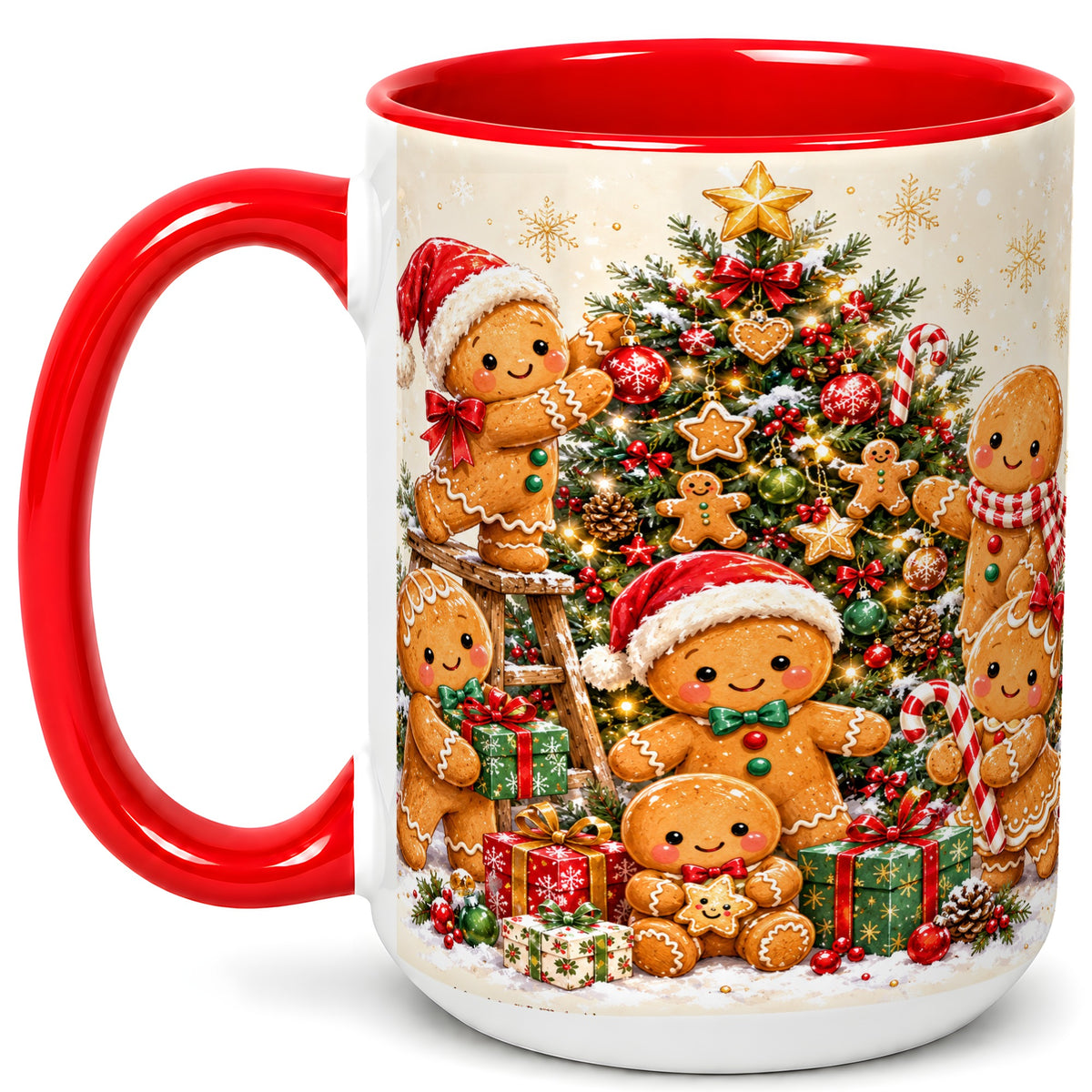 #pl[15oz|Red] Gingerbread Family Coffee Mug, Christmas Tree Mug, Ceramic Cup