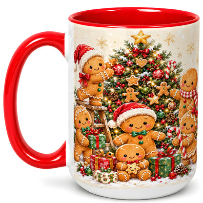 #pl[15oz|Red] Gingerbread Family Coffee Mug, Christmas Tree Mug, Ceramic Cup