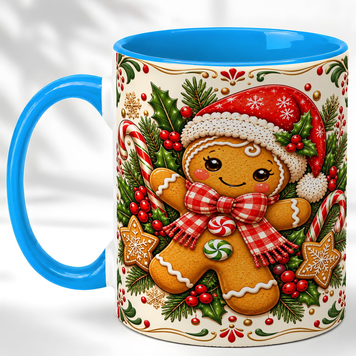 #pl[11oz|Blue] Gingerbread Girl Coffee Mug, Candy Cane Mug, Ceramic Cup