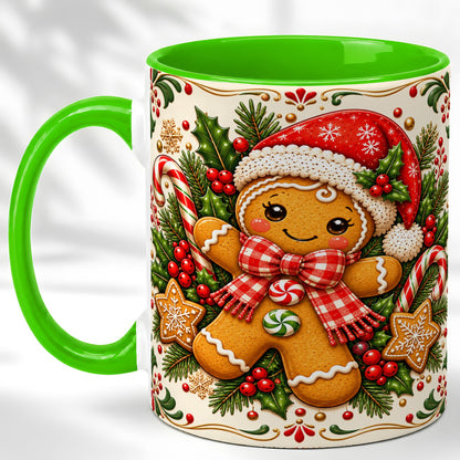 #pl[11oz|Green] Gingerbread Girl Coffee Mug, Candy Cane Mug, Ceramic Cup