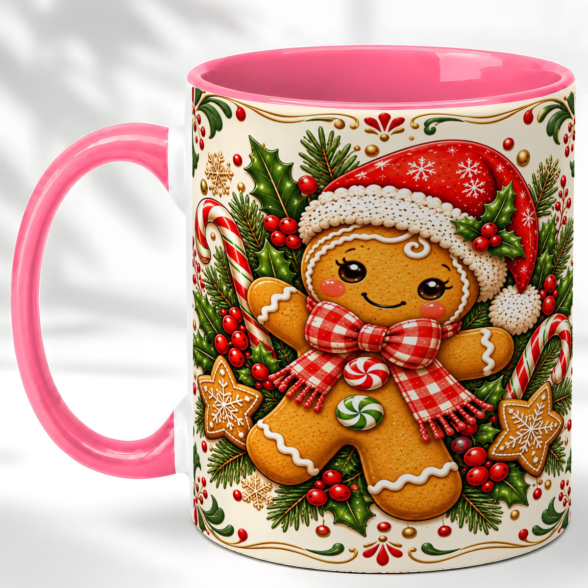 #pl[11oz|Pink] Gingerbread Girl Coffee Mug, Candy Cane Mug, Ceramic Cup