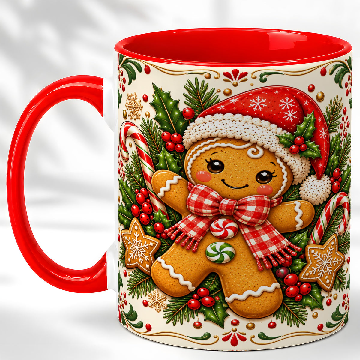 Gingerbread Girl Coffee Mug, Candy Cane Mug, Ceramic Cup