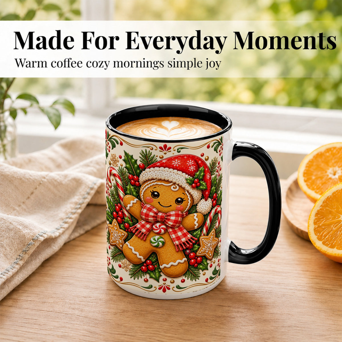 #pl[15oz|Black] Gingerbread Girl Coffee Mug, Candy Cane Mug, Ceramic Cup