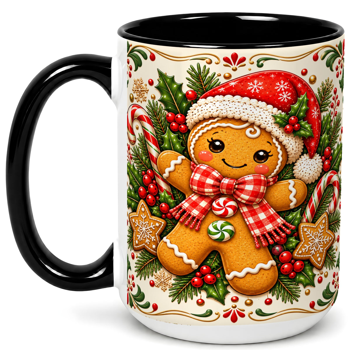 #pl[15oz|Black] Gingerbread Girl Coffee Mug, Candy Cane Mug, Ceramic Cup