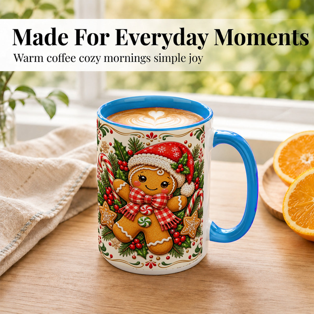 #pl[15oz|Blue] Gingerbread Girl Coffee Mug, Candy Cane Mug, Ceramic Cup