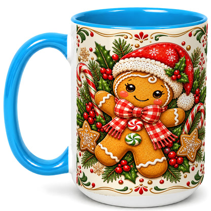 #pl[15oz|Blue] Gingerbread Girl Coffee Mug, Candy Cane Mug, Ceramic Cup