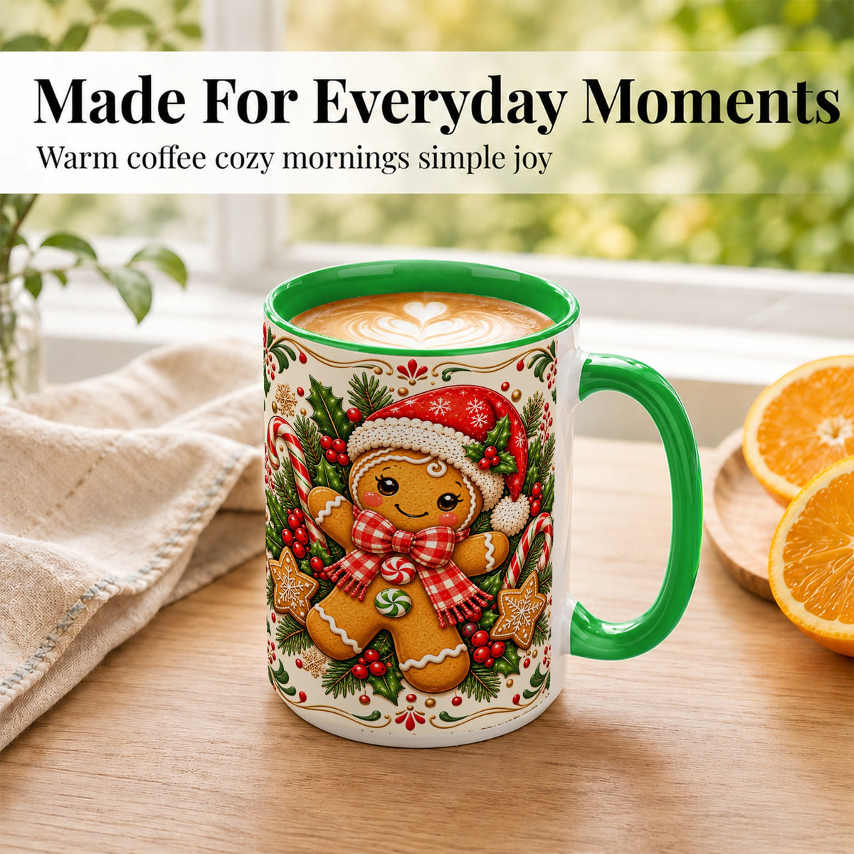 #pl[15oz|Green] Gingerbread Girl Coffee Mug, Candy Cane Mug, Ceramic Cup