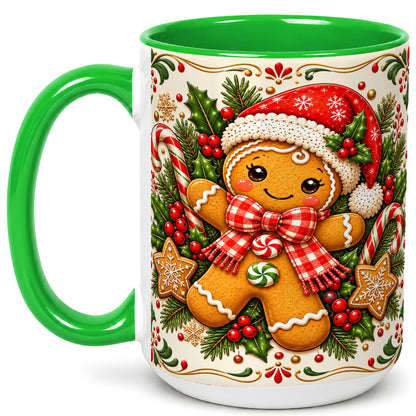 #pl[15oz|Green] Gingerbread Girl Coffee Mug, Candy Cane Mug, Ceramic Cup