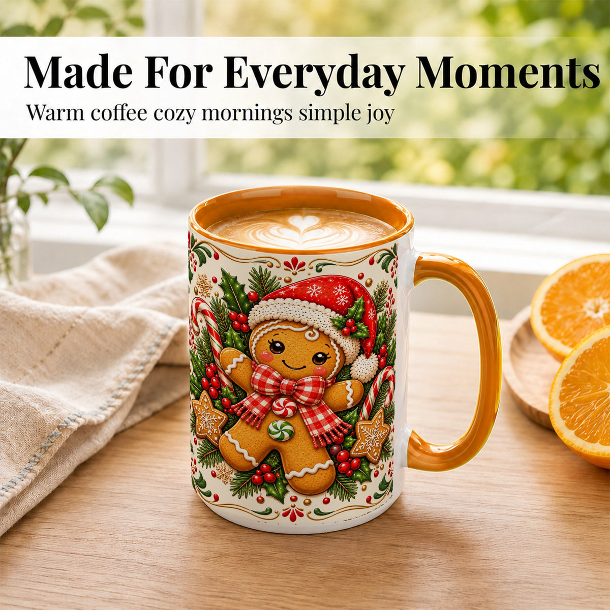 #pl[15oz|Orange] Gingerbread Girl Coffee Mug, Candy Cane Mug, Ceramic Cup