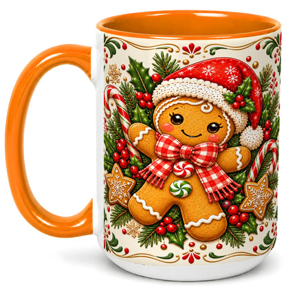#pl[15oz|Orange] Gingerbread Girl Coffee Mug, Candy Cane Mug, Ceramic Cup